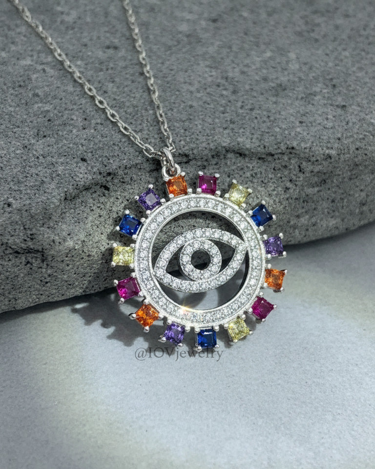 evil-eye necklace with colorful square shape CZ.