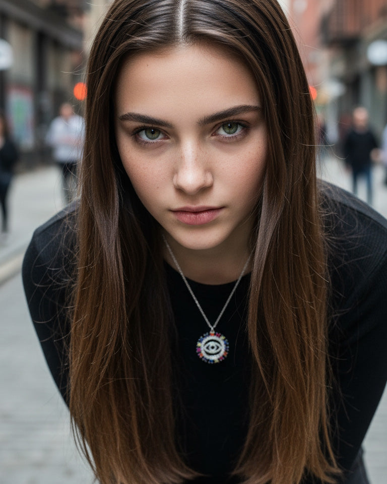 evil-eye necklace with colorful square shape CZ.