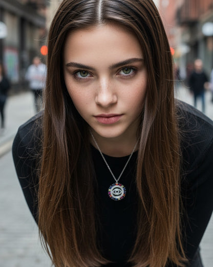 evil-eye necklace with colorful square shape CZ.