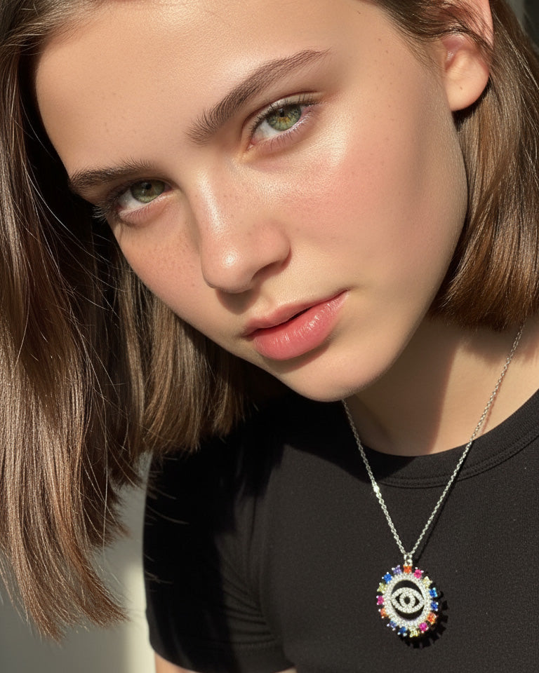 evil-eye necklace with colorful square shape CZ.