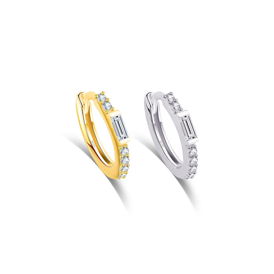 9 mm huggie hoop with baguette and round CZ.