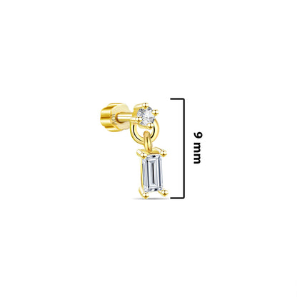 dangling baguette stone from round shape stone flatback piercing.