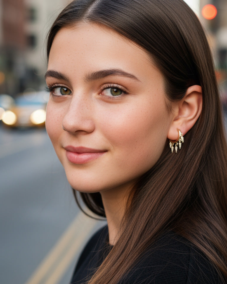 plain huggie hoop with dangling CZ kite shape earring.