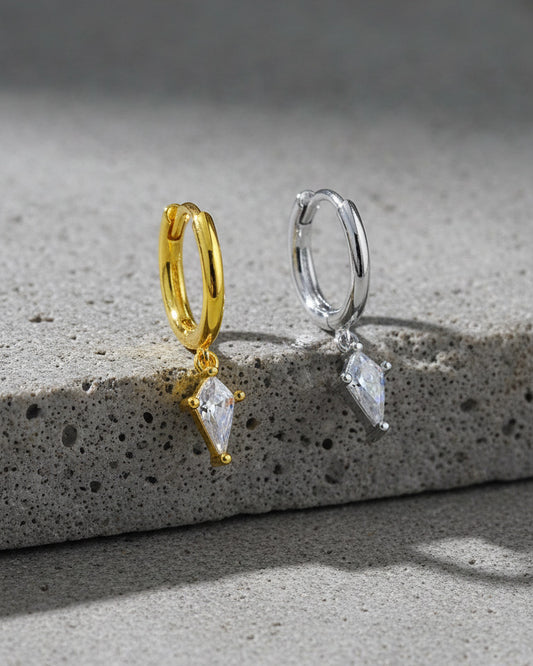 8 mm plain hoop with dangling CZ kite shape earring.