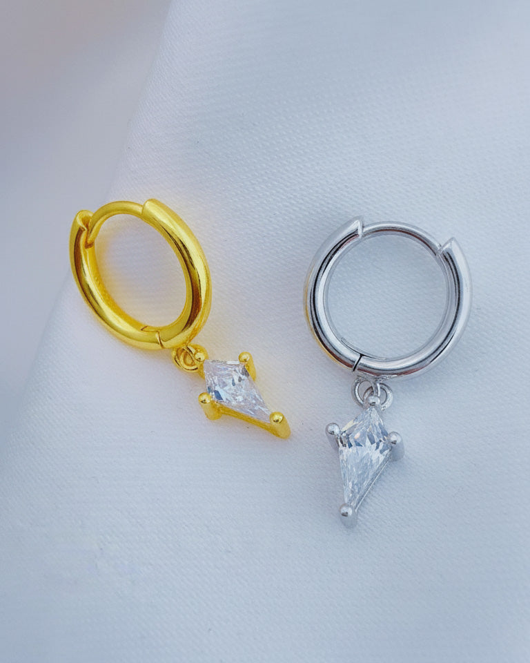 8 mm plain hoop with dangling CZ kite shape earring.