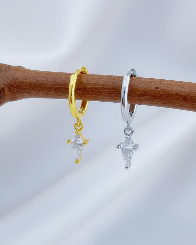 8 mm plain hoop with dangling CZ kite shape earring.