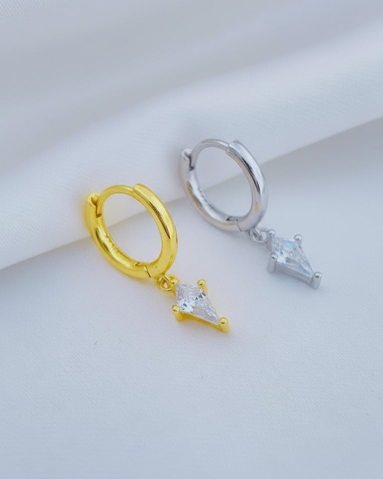 8 mm plain hoop with dangling CZ kite shape earring.