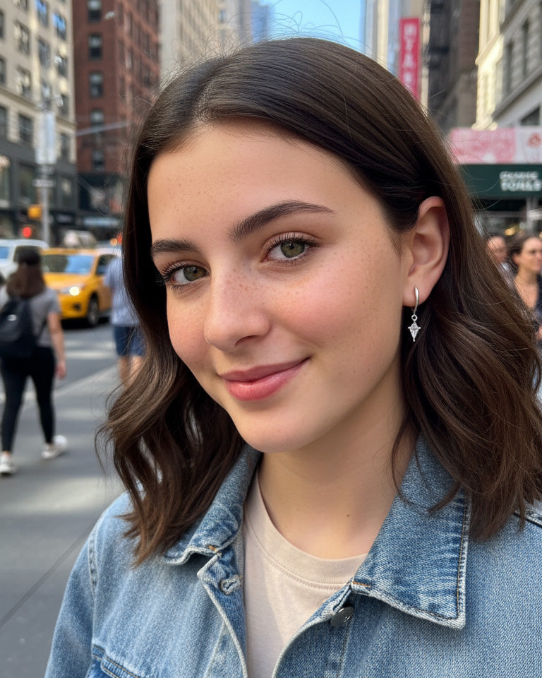 8 mm plain hoop with dangling CZ kite shape earring.