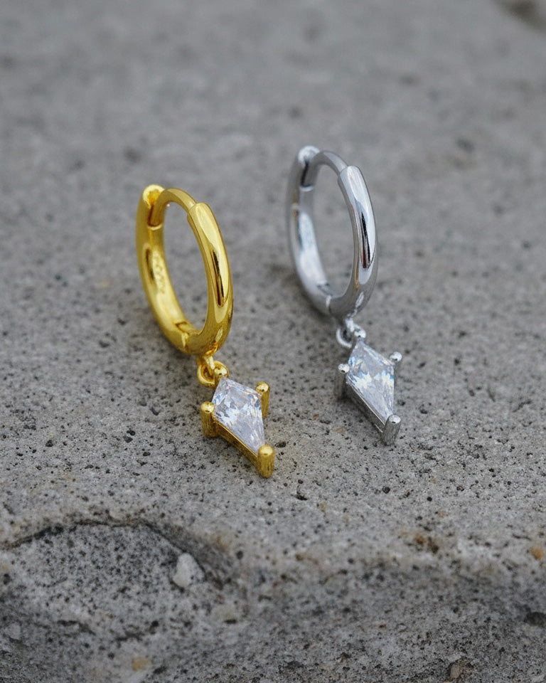 8 mm plain hoop with dangling CZ kite shape earring.