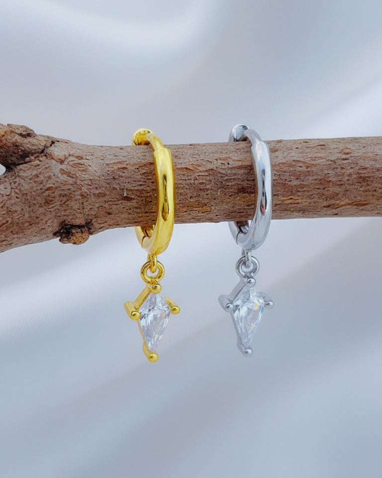 8 mm plain hoop with dangling CZ kite shape earring.