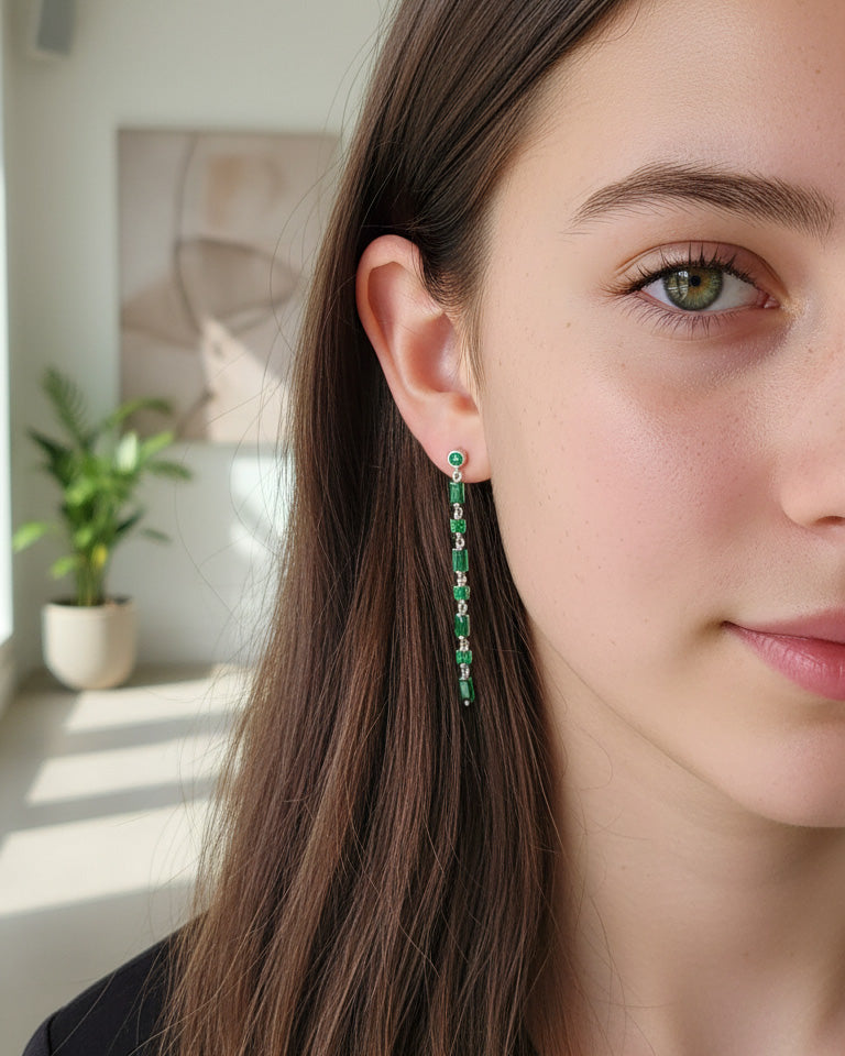 6 cm long earring of emerald color CZ stones.