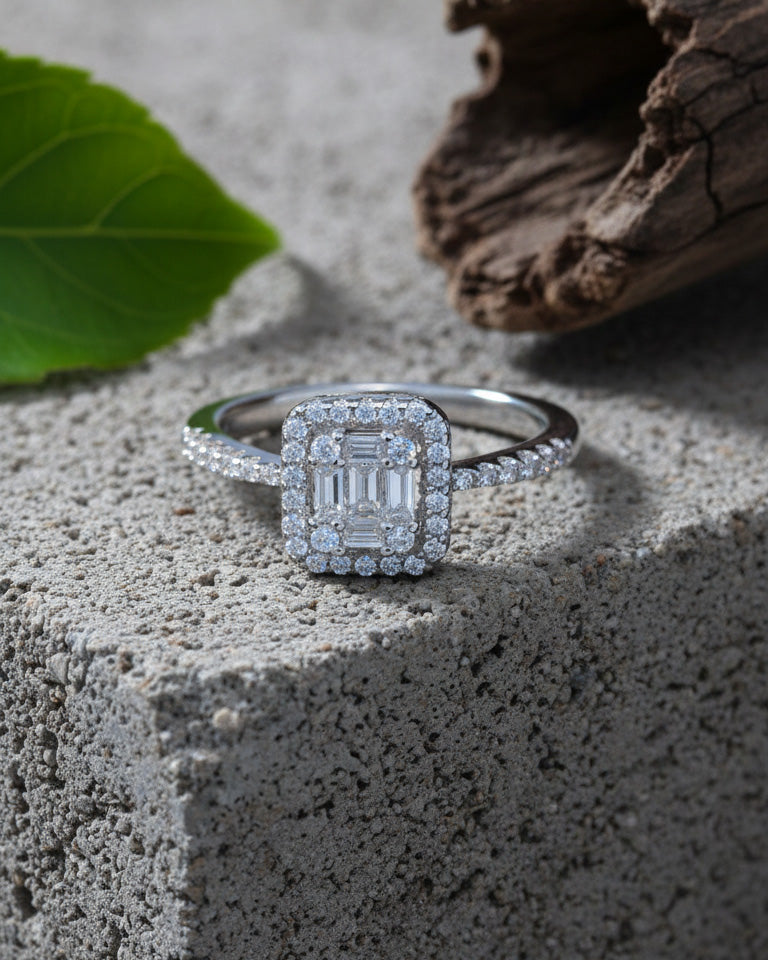rectangular baguette and round stones ring.