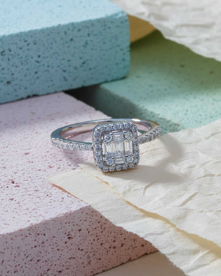 rectangular baguette and round stones ring.