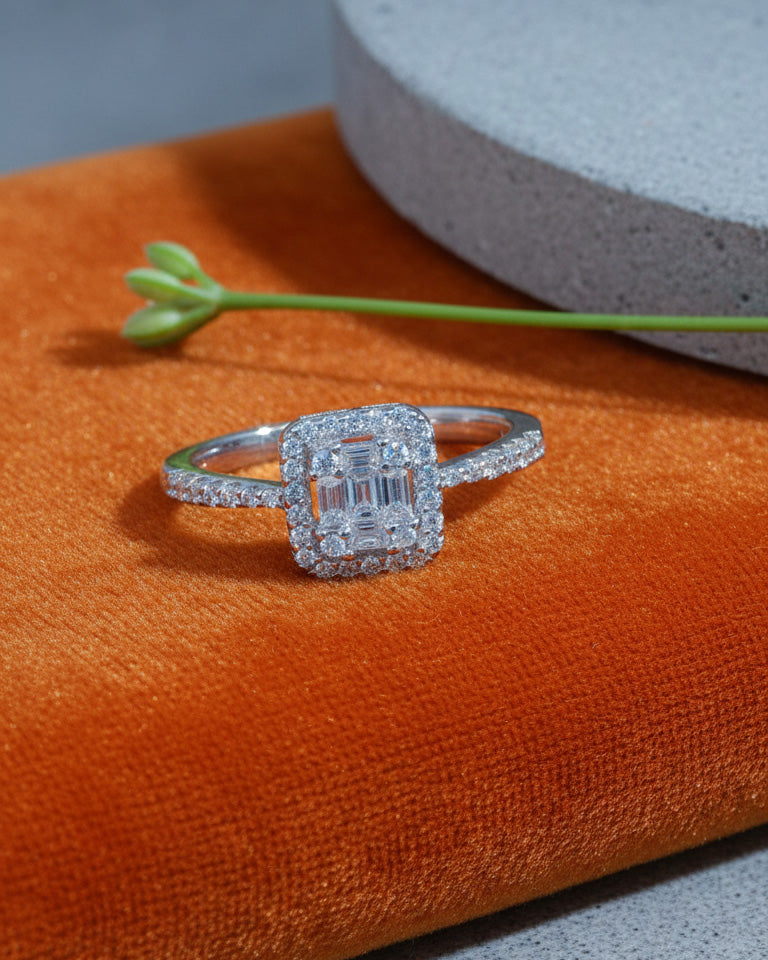 rectangular baguette and round stones ring.