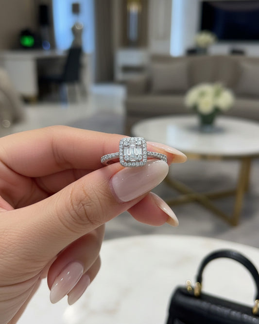 rectangular baguette and round stones ring.