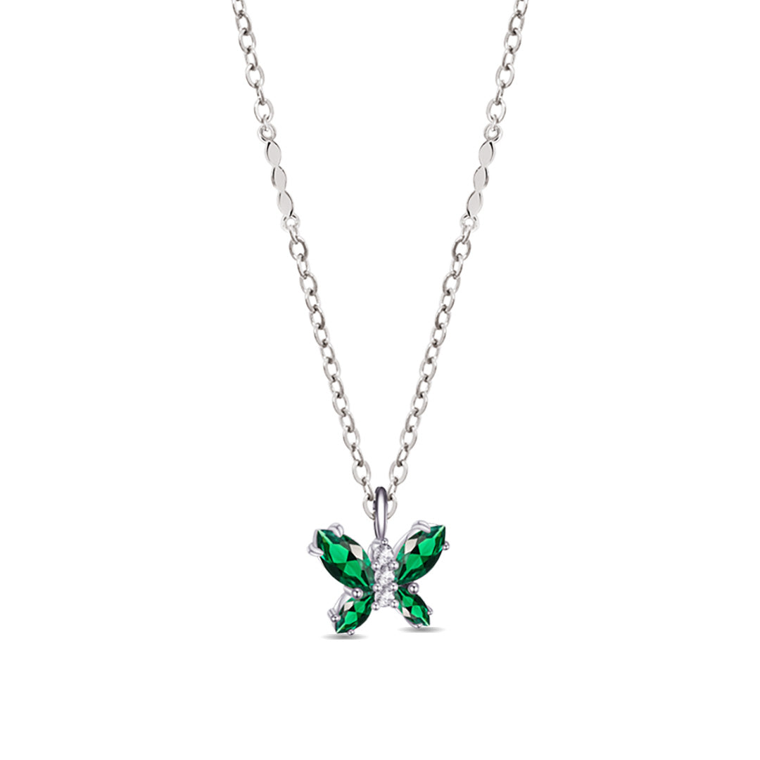 Sterling Silver Marquise Emerald Color Stones Butterfly Necklace