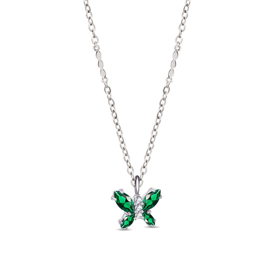 Sterling Silver Marquise Emerald Color Stones Butterfly Necklace