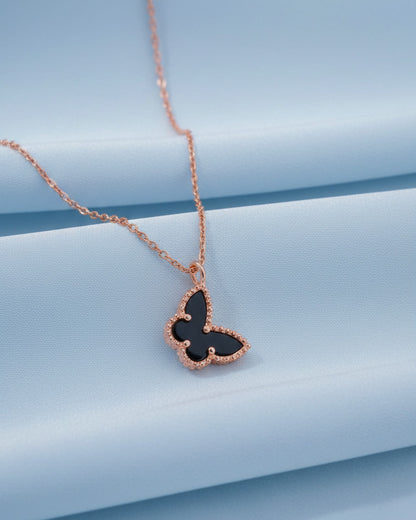 mother of pearl and agate butterfly rosegold necklace.