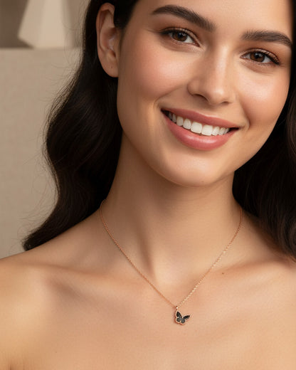 mother of pearl and agate butterfly rosegold necklace.