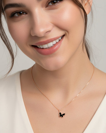mother of pearl and agate butterfly rosegold necklace.