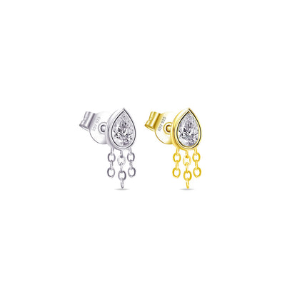 pear shape CZ stone in bezel setting with dangling chains stud earring.