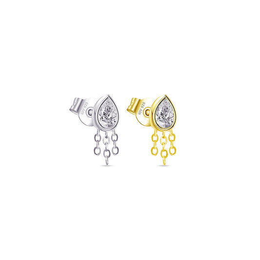 pear shape CZ stone in bezel setting with dangling chains stud earring.