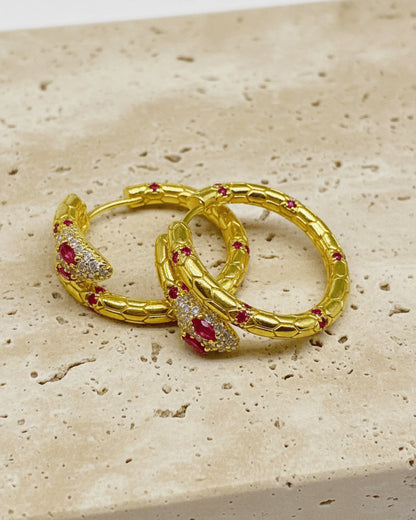 serpent shape hoops earring with ruby CZ.