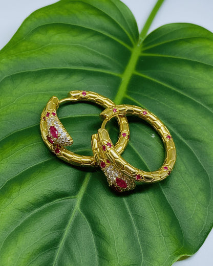 serpent shape hoops earring with ruby CZ.