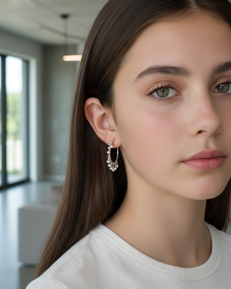 Plain hoops with dangling CZ in bezel setting.