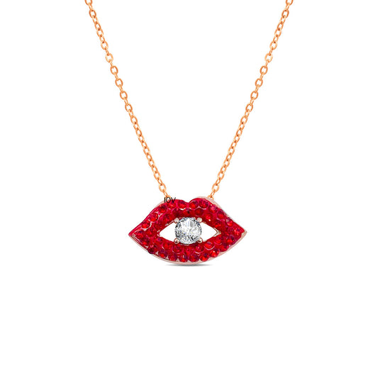 Red lips rosegold necklace.
