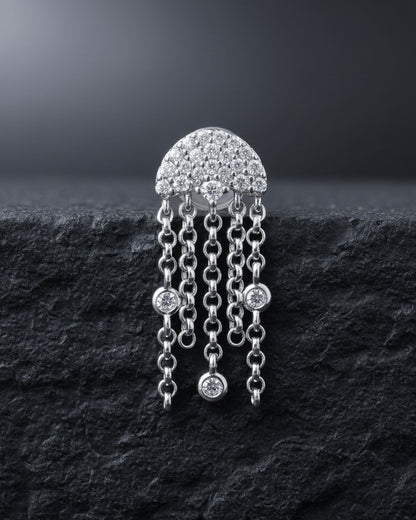 half circle with dangling chains and round CZ in bezel setting stud earring.