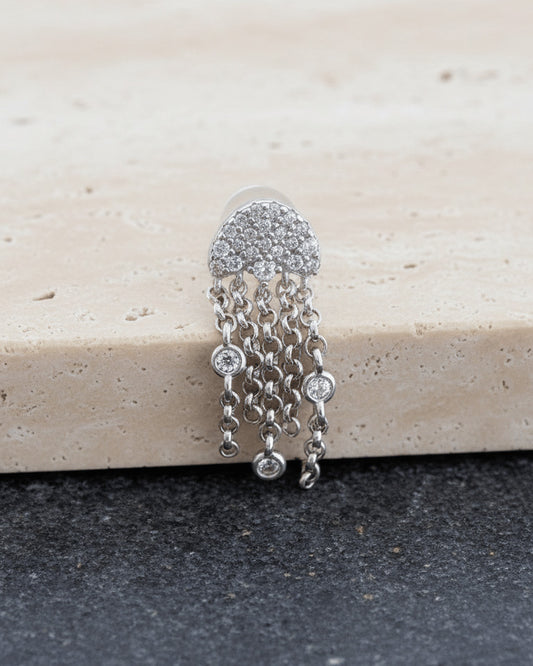 half circle with dangling chains and round CZ in bezel setting stud earring.