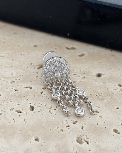 half circle with dangling chains and round CZ in bezel setting stud earring.
