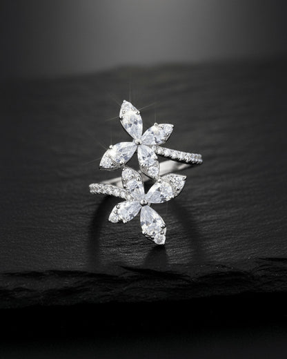 double butterfly of round and pear shapes CZ stones ring.