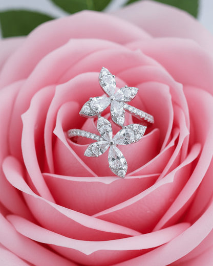 double butterfly of round and pear shapes CZ stones ring.