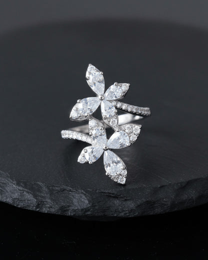double butterfly of round and pear shapes CZ stones ring.