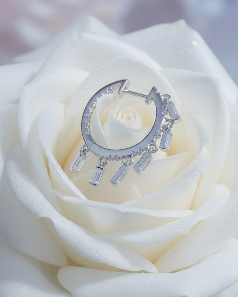 inside out CZ hoops earrings with dangling baguettes