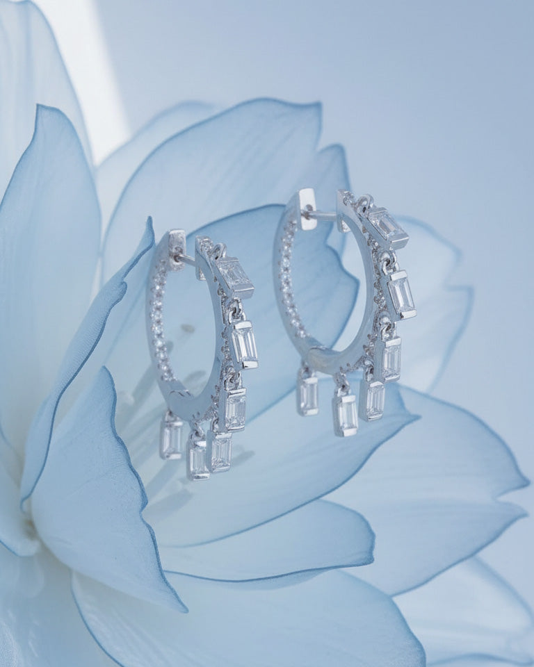 inside out CZ hoops earrings with dangling baguettes