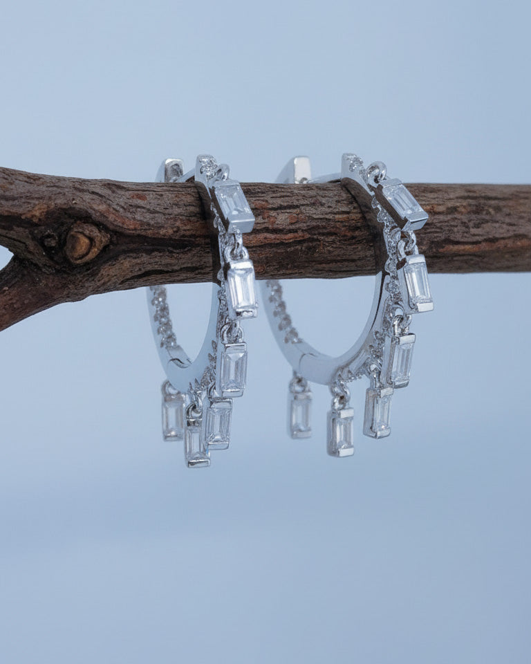 inside out CZ hoops earrings with dangling baguettes