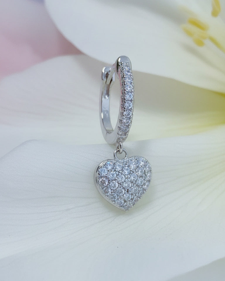 CZ huggie hoop with dangling heart shape.