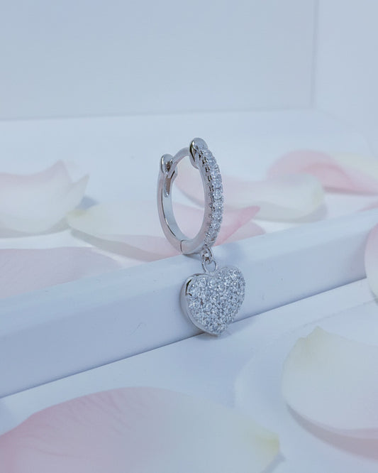 CZ huggie hoop with dangling heart shape.