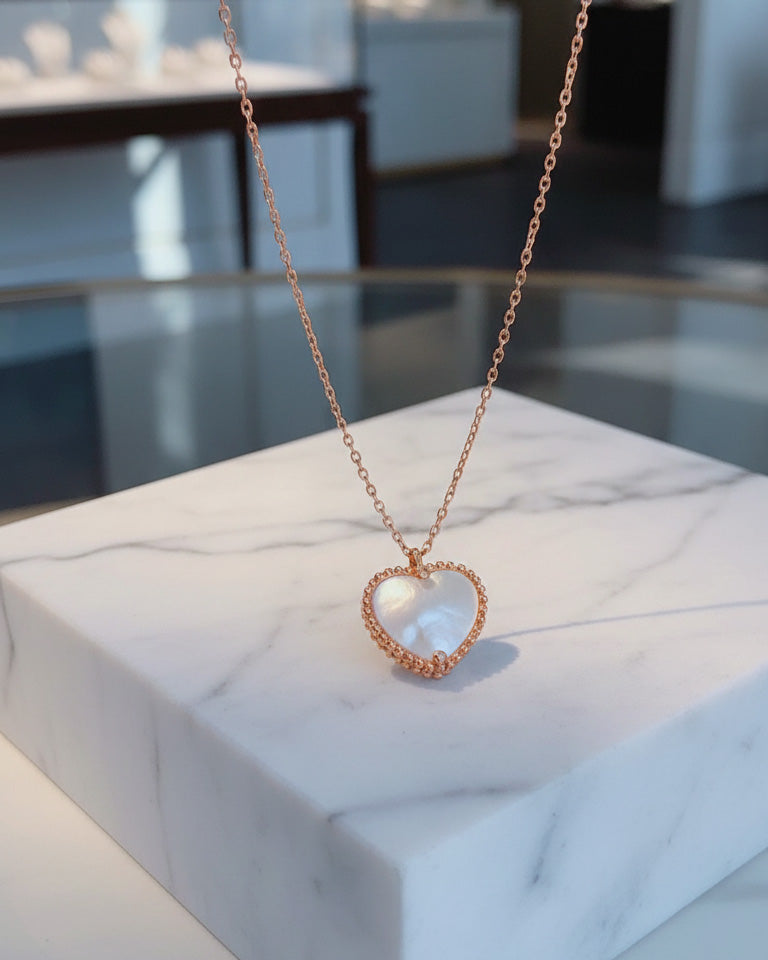 heart rosegold mother of pear and agate stones necklace.
