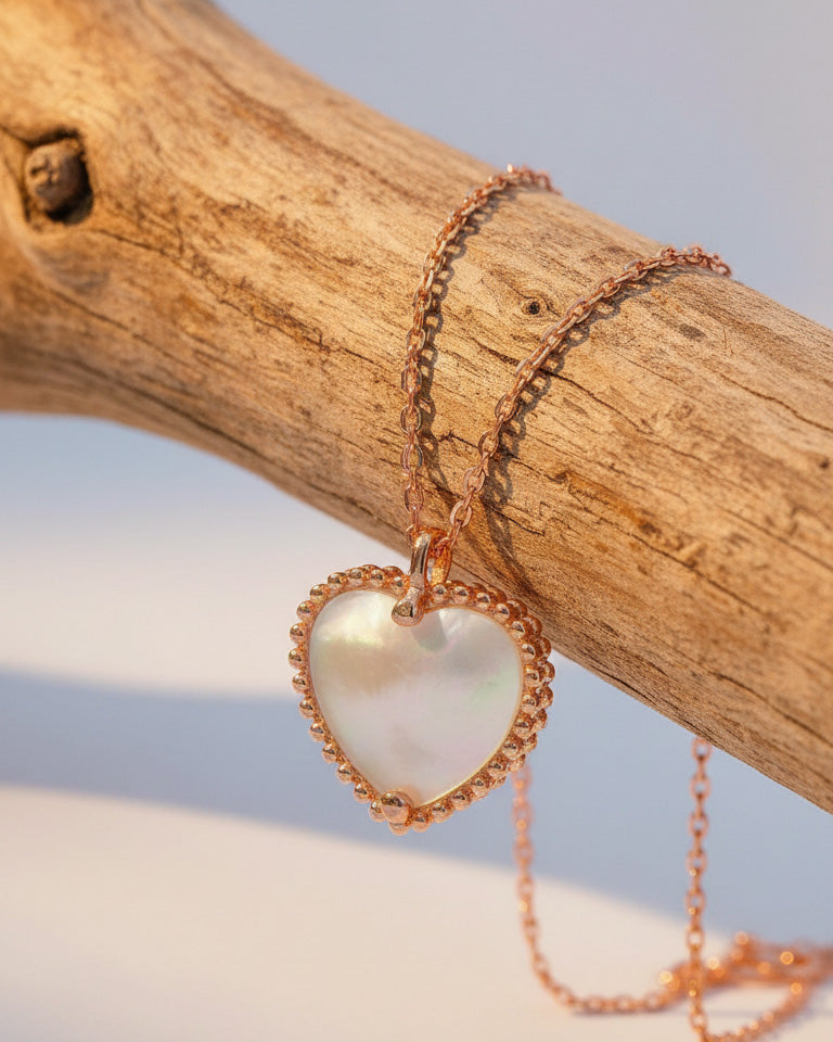 heart rosegold mother of pear and agate stones necklace.