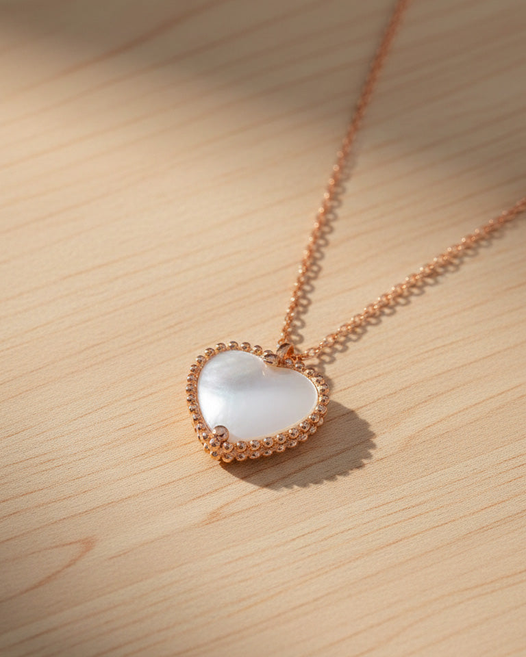 heart rosegold mother of pear and agate stones necklace.