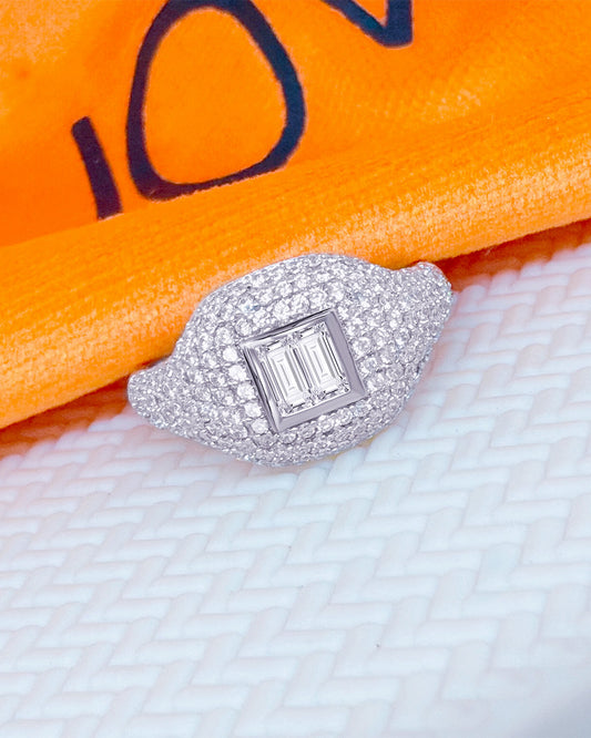 Pavé signet ring with baguette stones.