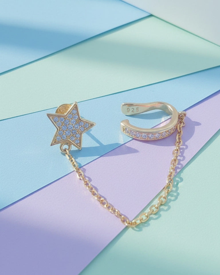 stud CZ star shape chain linked with earcuff.