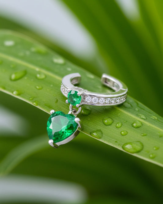 CZ ear-cuff with dangling emerald color heart shape stone.