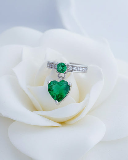 CZ ear-cuff with dangling emerald color heart shape stone.