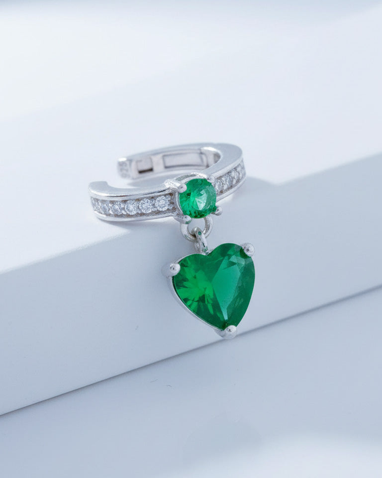 CZ ear-cuff with dangling emerald color heart shape stone.
