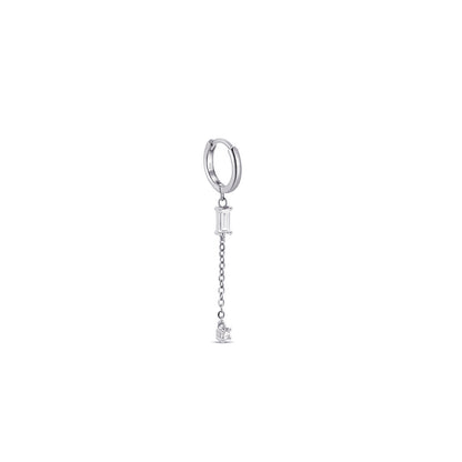 chain dangling hoop earring with baguette and round stones.
